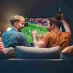 girls talking while men are watching soccer on tv